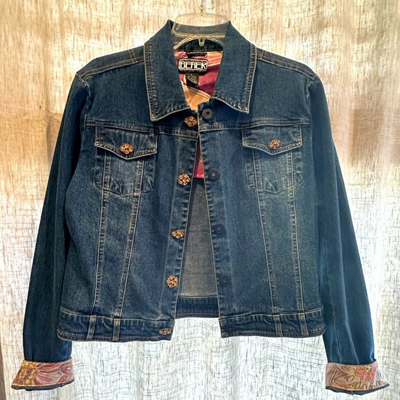 BEREK 2 by Takako Sakon Denim Jean Jacket—Crystal Buttons & Floral Lining Large - Picture 6 of 16